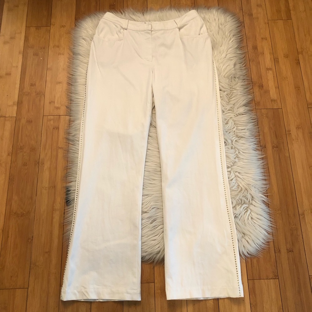 St. John Cream Ivory Wide Leg Pants with Golden Nail Head Stud Seam size 10